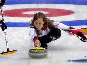 Canada's Rachel Homan releases a stone against Sweden during the World Women's Curling Championship held in Beijing's Capital Gymnasium on Wednesday, March 22, 2017. (Ng Han Guan/AP Photo)