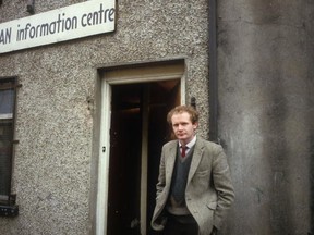Northern Irish politician Martin McGuinness stands outside the Republican Information Centre in Londonderry, 23th September 1985. An alleged IRA leader, he became deputy First Minister of Northern Ireland in 2007. (Photo by Kaveh Kazemi/Getty Images)