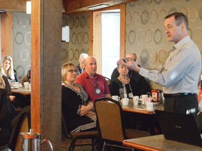 Rob Devitt, right, supervisor with the Chatham-Kent Health Alliance, talks to members of the Rotary Club of Chatham Sunrise at their weekly meeting Tuesday. It’s one of numerous community engagement initiatives the CKHA has started, part of reestablishing trust and transparency with residents of Chatham-Kent. (Louis Pin/Postmedia Network)