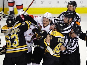 Things got a little testy at the end of the Senators’ 3-2 win over the Bruins on Tuesday night. The two teams meet again April 6. (The Associated Press)