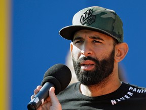 Blue Jays slugger Jose Bautista speaks to the media before a spring training game against the Tigers in Dunedin, Fla., on Wednesday, March 22, 2017. (Chris O'Meara/AP Photo)