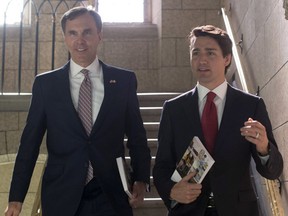 Finance Minister Bill Morneau and Prime Minister Justin Trudeau hold copies of the federal budget on their way to the House of Commons in Ottawa, Wednesday, March 22, 2017. (THE CANADIAN PRESS/Adrian Wyld)