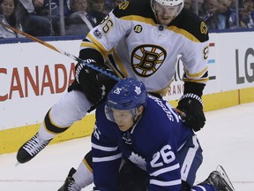 Nikita Soshnikov took a hard hit against Boston. (Veronica Henri/Toronto Sun)