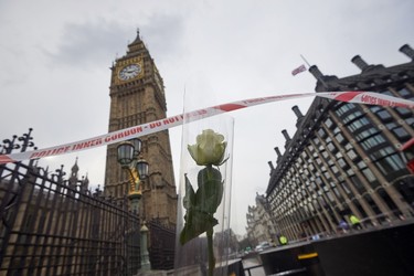 A flower left in tribute to the victims of the March 22 terror attack is seen next to the Palace of Westminster that houses the Houses of Parliament in central London on March 23, 2017. Britain's parliament reopened on Thursday with a minute's silence in a gesture of defiance a day after an attacker sowed terror in the heart of Westminster, killing three people before being shot dead. Sombre-looking lawmakers in a packed House of Commons chamber bowed their heads and police officers also marked the silence standing outside the headquarters of London's Metropolitan Police nearby. NIKLAS HALLE'N/AFP/Getty Images
