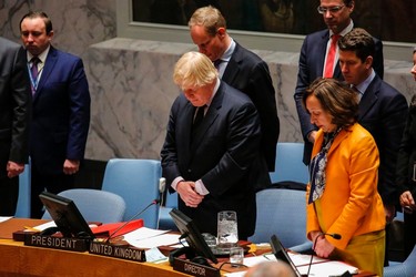 British Foreign Secretary Boris Johnson pauses during a minute of silence at the Security Council on March 23, 2017 at UN Headquarters in New York. 
Four people were killed and 40 injured after being run over and stabbed in a lightning attack at the gates of British democracy on Wednesday attributed by police to "Islamist-related terrorism". The attack unfolded across Westminster Bridge in the shadow of Big Ben, a towering landmark that draws tourists by the millions and stands over Britain's Houses of Parliament -- the very image of London. KENA BETANCUR/AFP/Getty Images
