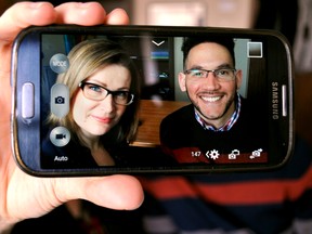 Dr. Tara Dumas, an assistant professor at Huron University College, and Matthew Maxwell-Smith, visiting professor at the DAN Management and Organizational Sciences program at Western University, take a selfie in London Ont. March 15, 2017. CHRIS MONTANINI\LONDONER\POSTMEDIA NETWORK