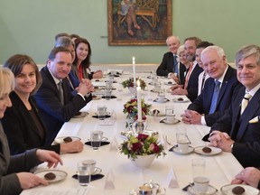 Sweden's Prime Minister Stefan Lofven, third from left, and Governor General of Canada David Johnston, third from right, at a luncheon at the Rosenbad government building in Stockholm on Feb. 20. Kingston’s Alia Hogben was part of the Canadian delegation, which also visited Malmo, Lund and Gothenburg. (Jonas Ekstromer/Getty Images)