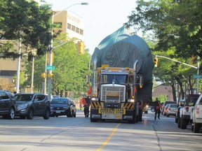 A large industrial vessel is shown in this 2015 file photo making its way down Front Street in Sarnia, to Chemical Valley. This week's federal government included funding for trade corridors local officials hope to tap to help pay for a dedicated oversize load corridor in Sarnia-Lambton.
(Paul Morden/Sarnia Observer)