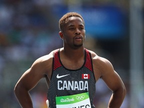 Canadian sprinter Akeem Haynes competes in the Men's 4x100m Relay at the Olympic Stadium in Rio de Janeiro, Brazil, on Aug. 18, 2016. Haynes is happy to see a pay raise to Canada's top athletes from the federal government. (Cameron Spencer/Getty Images/Files)