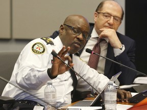 Toronto police Chief Mark Saunders fields a question during the monthly Toronto Police Services Board meeting at headquarters on Thursday, March 23, 2017. (MICHAEL PEAKE/TORONTO SUN)