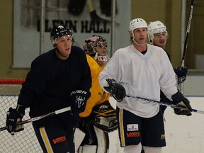Ryan Smyth (middle) skates during a team practice with the Stony Plain Eagles hockey team in Stony Plain, Alberta on February 15, 2017.