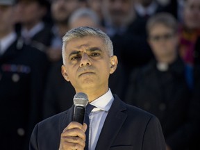 London’s Mayor Sadiq Khan speaks during a candlelit vigil on Thursday in Trafalgar Square. (WENN/PHOTO)
