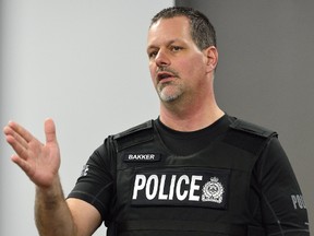 London Police Sgt. Andy Bakker presented the use-of-force report to the Police Services Board Thursday. (MORRIS LAMONT, The London Free Press)
