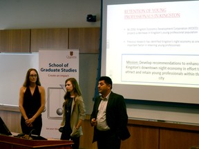 Amanda Maracle, from left, a PhD candidate in brain, bevahiour and cognitive science; Meghan McKay, a master of science, neuroscience; and Hasan Kettaneh, a PhD candidate in the Faculty of Education, were assigned to work with the Night Economy Project as part of the PhD-Community Initiative. They presented their project results at the Donald Gordon Centre on Wednesday. (Wade Morris/For The Whig-Standard)