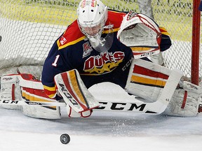 Connor Ryckman made 57 saves as the Wellington Dukes staved off elimination in their second-round OJHL playoff series with a 3-2 win over Cobourg Thursday night at Essroc Arena. (OJHL Images)