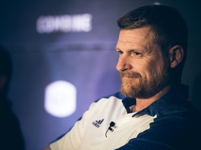 Blue Bombers head coach Mike O'Shea participates in a West Division coaches panel as part of CFL Week in Regina on Thursday. (Johany Jutras/CFL photo)