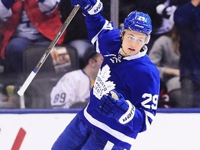 Toronto Maple Leafs centre William Nylander (29) celebrates his goal against the New Jersey Devils during first period NHL action in Toronto on Thursday, March 23, 2017. THE CANADIAN PRESS/Frank Gunn
