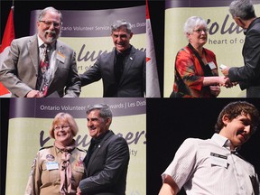 From top left, clockwise: Richard Lynn, with New Beginnings, Karen Kirkwood-Whyte, with the Rotary Club of Chatham, Andrew Vancoillie, with the Sombra Township Museum, and Elizabeth Derynck, with Scouts Canada, were all honoured at the award ceremony. Overall 173 people from Chatham-Kent were recognized for their work locally.