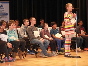 Sarnia Spelling Bee contestant Lanna Iacobelli, from St. Anne's Catholic School, attempts to correctly spell an incredibly complex word during the annual spelling bee, which took place Wednesday and Thursday at the Sarnia Public Library Theatre. Carl Hnatyshyn/Postmedia Network