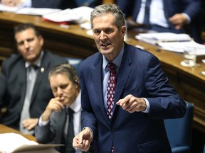 Premier Brian Pallister responds during question period at the Manitoba Legislature in Winnipeg on Mon., March 20, 2017. His popularity has taken a hit with a recent controversy over the time he spends away from the province. Kevin King/Winnipeg Sun