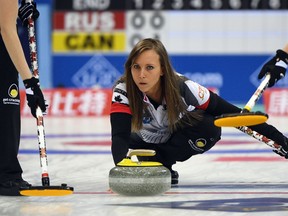 Canada’s Rachel Homan releases a rock during a game against Russia at the world championship in Beijing on March 24, 2017. (GREG BAKER/Getty Images)