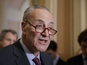 Senate Minority Leader Chuck Schumer of N.Y. speaks with reporters about his opposition to Supreme Court nominee Neil Gorsuch, Tuesday, March 21, 2107, on Capitol Hill in Washington. (AP Photo/J. Scott Applewhite)