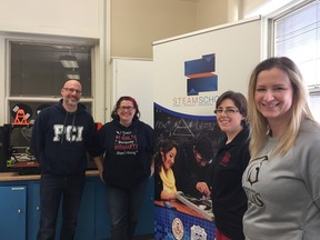 Meet the first batch of STEAM School instructors. Parkside C.I. teachers Chris Montcalm, left, Angela Southern, Arthur Voaden S.S. teacher Laura Penner and Central Elgin C.I. teacher Danika Tipping will be making themselves at home in the old Wellington St. Public School this fall. The group will be teaching Grade 10 students at the St. Thomas' STEAM Education Centre, integrating technology and innovation in their regular curriculum along the way.