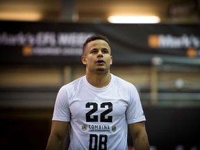 University of Calgary Dinos defensive back Robert Woodson participates in the CFL combine in Regina on Friday, March 24, 2017. (Johany Jutras/CFL photo)