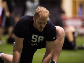 Offensive lineman Mason Woods during the 2017 CFL combine in Regina, SK., Friday, March 24, 2017. (Johany Jutras/CFL)