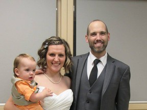 Morgan Latta, right, seen in this February 2016 photo with his son, Theo, and wife, Stacy, is recovering from a heart transplant. (The Latta Family)