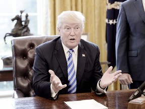 U.S. President Donald Trump reacts after Republicans abruptly pulled their health care bill from the House floor, in the Oval Office of the White House on March 24, 2017 in Washington, DC. In a big setback to the agenda of President Donald Trump and the Speaker, Ryan cancelled a vote for the American Health Care Act, the GOP plan to repeal and replace the Affordable Care Act, also called 'Obamacare.' (Photo by Olivier Douliery-Pool/Getty Images)