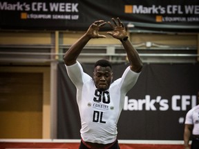 Wilfrid Laurier defensive end Kwaku Boateng does a test at the CFL scouting combine in Regina on Friday, March 24, 2017. (Johany Jutras/CFL photo)