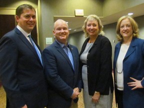 Three Conservative Party leadership candidates joined Sarnia-Lambton MP Marilyn Gladu at a party event Saturday at the Holiday Inn in Point Edward. From left, MPs Andrew Scheer, Erin O'Toole, Gladu, and Lisa Raitt, are shown in the hotel lobby before the start of the meeting. Scheer, O'Toole and Raitt are three of 14 candidates for the party leadership.
 Paul Morden/Sarnia Observer/Postmedia Network