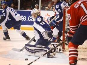 OSHAWA -- Sudbury Wolves' netminder Jake McGrath, had his eye on the puck during Game 1 of the OHL Eastern Conference quarter-final against the Oshawa Generals, at the Tribute Communities Centre Friday evening. March 24, 2017 Sabrina Byrnes / Metroland