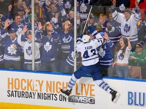 Toronto Maple Leafs Nazem Kadri, who will skate in his 400th NHL game in Buffalo Saturday night, celebrates after scoring in the first period on the road against the Sabres on March 21, 2013. (Photo by Rick Stewart/Getty Images)