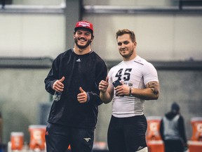 Stampeders linebacker Alex Singleton (left) was on hand in Regina as his brother Matt participated in the CFL Combine yesterday. (Johany Jutras/CFL)
