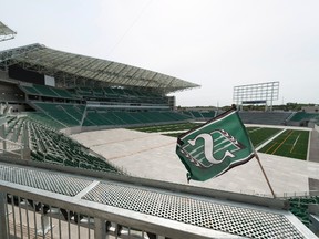 A Saskatchewan Roughriders flag flies at the new Mosaic Stadium in Regina, where the inaugural CFL Week festivities were held last week. (The Canadian Press)