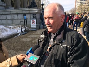 Edmonton, March 25, 2017. Garett Schmidt, organizer of a protest against the NDP government's plans to ban off-highway vehicles from the Castle area in southwestern Alberta, speaks to reporters outside the legislature Saturday. (Photo by Keith Gerein).