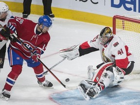 Canadiens’ Tomas Plekanec moves in on Senators goalie Craig Anderson as Cody Ceci defends in Montreal Saturday night. (The Canadian Press)