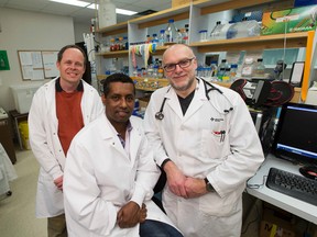 University of Alberta researchers Thomas Simmen (l) and Fabrizio Giuliani (r) along with post-doctoral fellow Yohannes Haile (c) recently discovered an entirely new cellular mechanism--an underlying defect in brain cells--that may be to blame for multiple sclerosis. The finding opens the door to a brand new avenue of study in the battle against the cryptic autoimmune disorder. Taken on Friday March 24, 2017 in Edmonton.  Greg  Southam / Postmedia