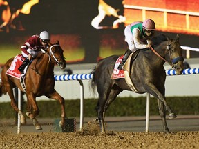 Arrogate (right) pulled off a come-from-behind win in the Dubai World Classic.
