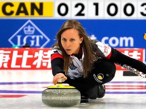 Canada's Rachel Homan releases the stone during the CPT World Women's Curling Championship 2017 final match against Russia at the Capital Gymnasium in Beijing, Sunday, March 26, 2017.  (AP Photo/Andy Wong)