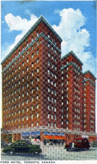 Toronto’s Ford Hotel opened on the northeast corner of Bay and Dundas streets on May 31, 1928. After a period of business ups and downs it closed 45 years later and was demolished in 1974. The Atrium, completed in 1981, now occupies the site.