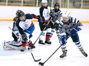 Makenna Bilodeau of the Marymount Academy Regals battles for the puck with Caitlyn Simard of the Bishop Carter Gators during girls high school division B city championship action in Sudbury, Ont. on Wednesday March 8, 2017.Marymount defeated Bishop Carter 3-2 in overtime to take game 1 of the best of 3 series. Deciding game 3 goes Monday at 3:30 at McClelland Arena. Gino Donato/Sudbury Star/Postmedia Network