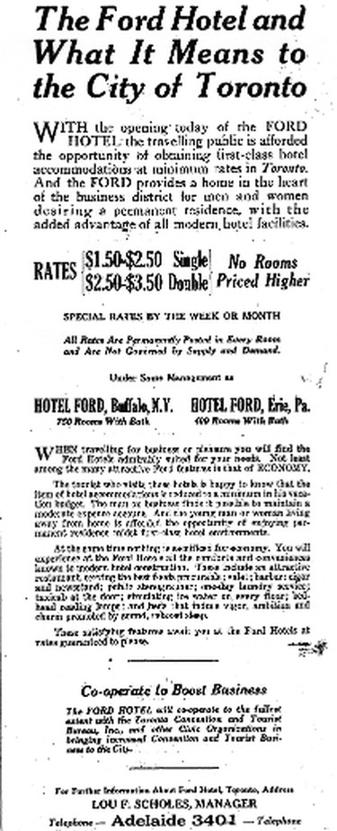 On the Ford Hotel’s opening day in Toronto, May 31, 1928, newspaper ads such as this one touted the attributes of the city’s newest and most modern hotel. The massive Pic 4… The Ford Hotel in Rochester, N.Y., opened in 1915 and was the oldest of the five hotels to feature the Ford name though not the appearance.