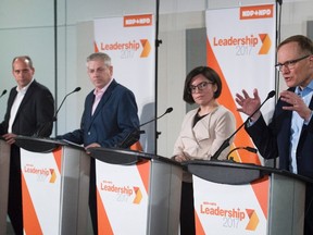 NDP leadership candidates, from left, Guy Caron, Charlie Angus, Niki Ashton and Peter Julian participate in a debate in Montreal, Sunday, March 26, 2017. THE CANADIAN PRESS/Graham Hughe
