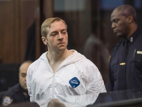 James Harris Jackson appears in criminal court during his arraignment, Thursday, March 23, 2017, in New York. Jackson, accused of randomly killing Timothy Caughman, a 66-year-old black man on the streets of New York by stabbing him with a sword, was charged Thursday with murder as a hate crime. (Steven Hirsch/New York Post via AP, Pool)