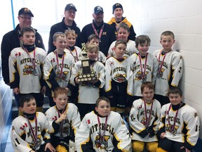 Mitchell Novice LL won the Central South Maroon division championship Sunday with a 3-1 win over Hanover #2, giving them the best-of-three series 2-1. Back row (left): Coaching staff Pete Kaufman, Randy Van Bakel, Elliott Faust, Beau Bree. Third row (left): Isaak Smith, Charlie Wolfe, Jackson Kaufman. Second row (left): Zach Siemon-Hergott, Rogan Catalan, Carson Brown, Nate Uniac, Lucas Bree, Colby Faust. First row (left): Austin Judge, Landon Van Bakel, Carter Miller, Jake Richardson, Owen Beuermann. SUBMITTED