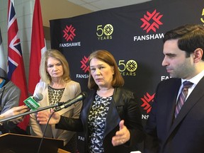 Federal Health Minister Jane Philpott, flanked by London MPs Peter Fragistakos and Kate Young addressed the upcoming marijuana legalization bill at a stop at Fanshawe College Monday. Hank Daniszewski/The London Free Press