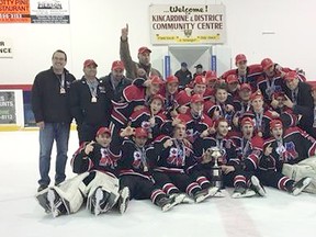 Members of the Mooretown Flags Midget Rep team won the OMHA title, beating the Kincardine Kinucks by a 4-1 margin in the final game to sweep the six-point series 6-0. It was the first time OMHA title in Mooretown Flags Midget Rep history. (Handout/Sarnia Observer)